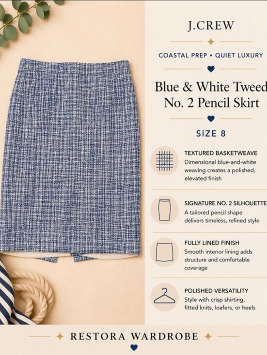 J. Crew Dresses & Skirts - J.Crew No. 2 Blue White Tweed Pencil Skirt Coastal Preppy Quiet Luxury